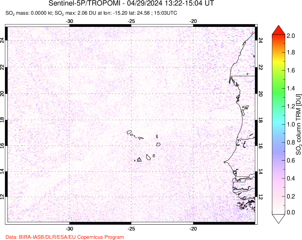 A sulfur dioxide image over Cape Verde Islands on Apr 29, 2024.