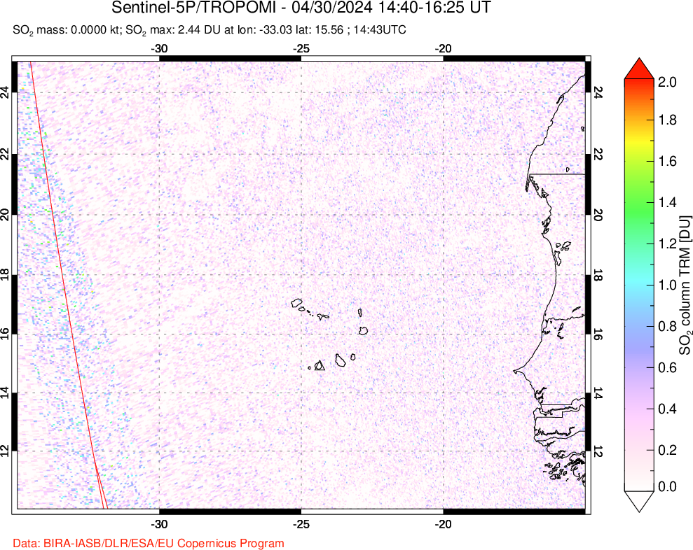 A sulfur dioxide image over Cape Verde Islands on Apr 30, 2024.