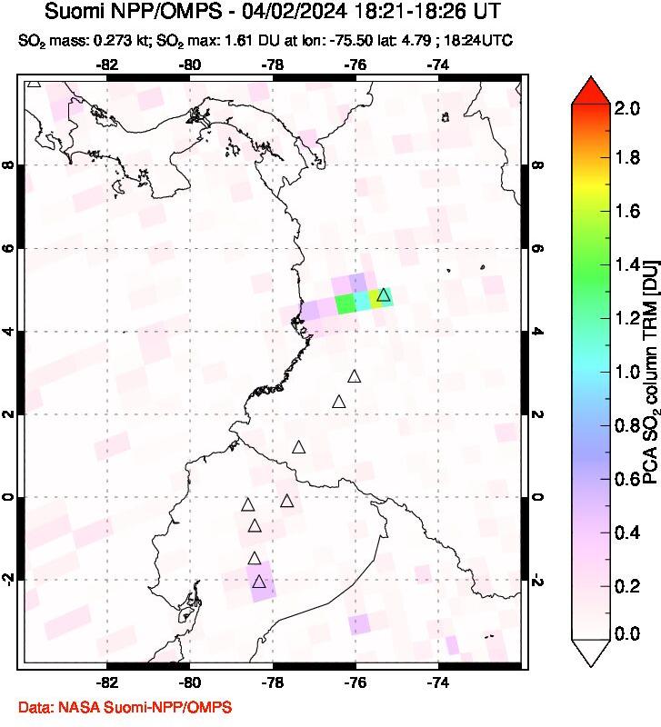 A sulfur dioxide image over Ecuador on Apr 02, 2024.