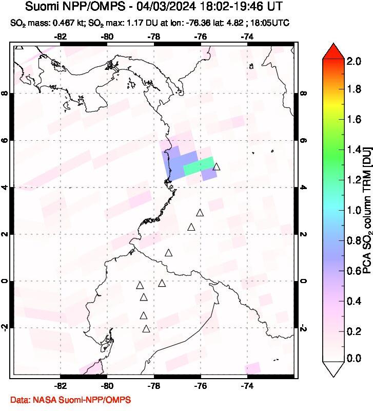 A sulfur dioxide image over Ecuador on Apr 03, 2024.