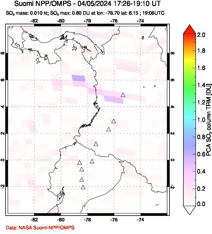 A sulfur dioxide image over Ecuador on Apr 05, 2024.