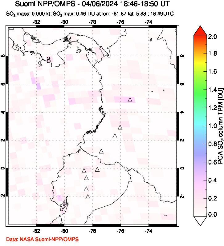 A sulfur dioxide image over Ecuador on Apr 06, 2024.