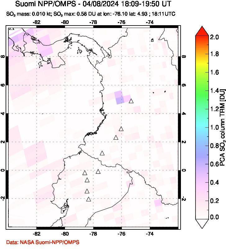 A sulfur dioxide image over Ecuador on Apr 08, 2024.