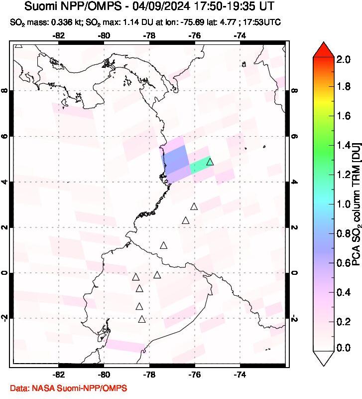 A sulfur dioxide image over Ecuador on Apr 09, 2024.