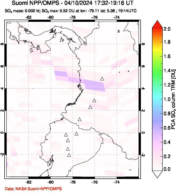 A sulfur dioxide image over Ecuador on Apr 10, 2024.