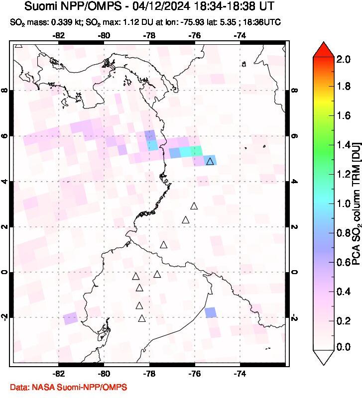 A sulfur dioxide image over Ecuador on Apr 12, 2024.