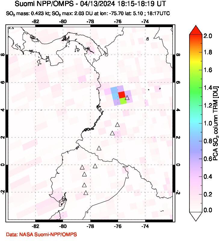 A sulfur dioxide image over Ecuador on Apr 13, 2024.