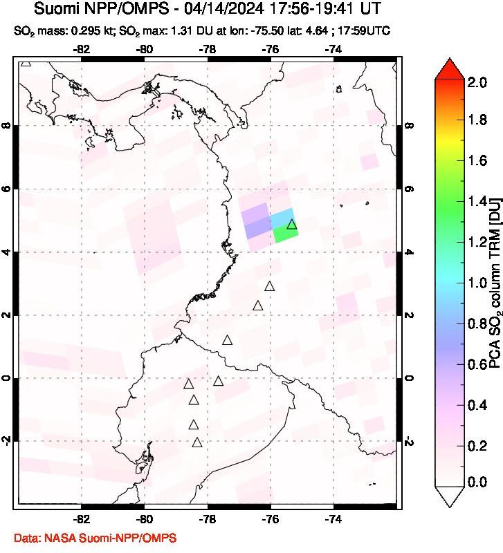 A sulfur dioxide image over Ecuador on Apr 14, 2024.