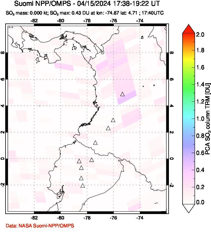 A sulfur dioxide image over Ecuador on Apr 15, 2024.