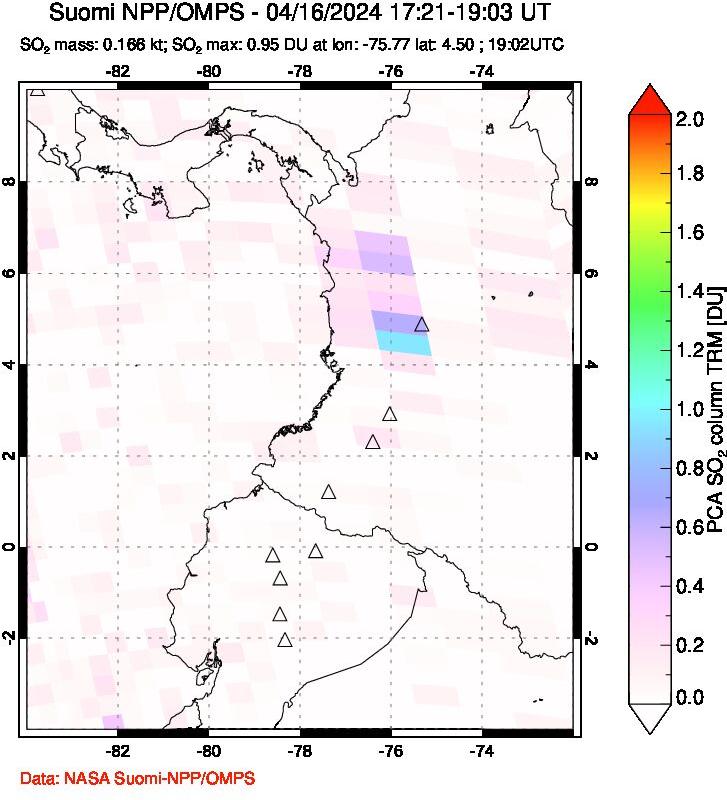 A sulfur dioxide image over Ecuador on Apr 16, 2024.