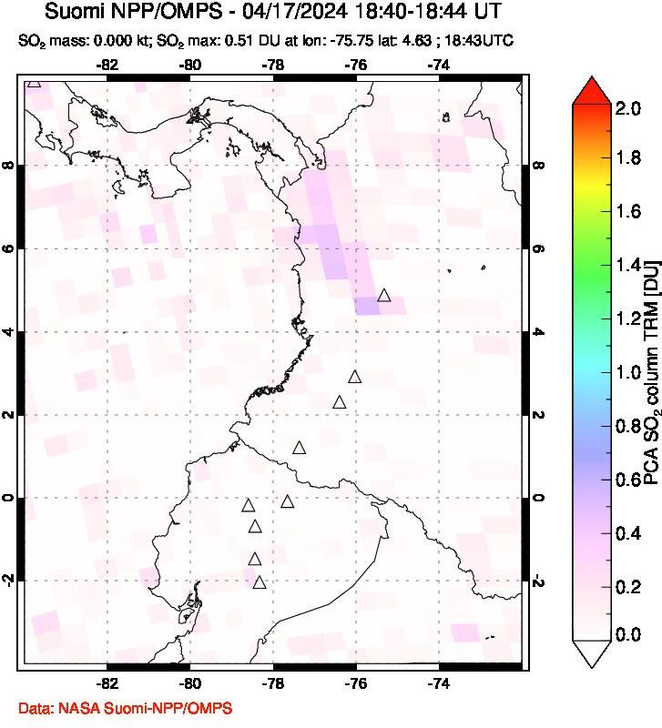 A sulfur dioxide image over Ecuador on Apr 17, 2024.