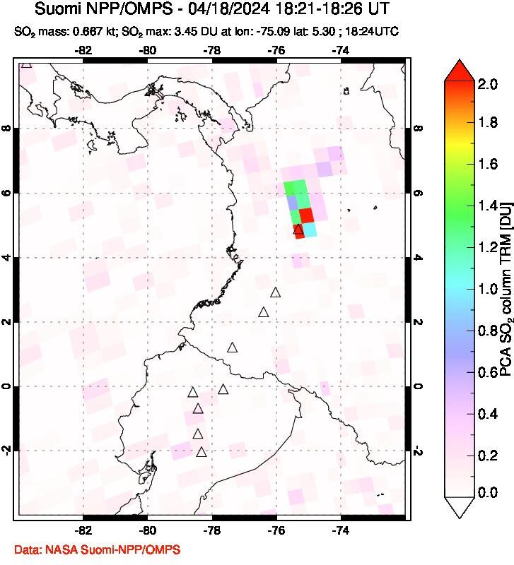 A sulfur dioxide image over Ecuador on Apr 18, 2024.