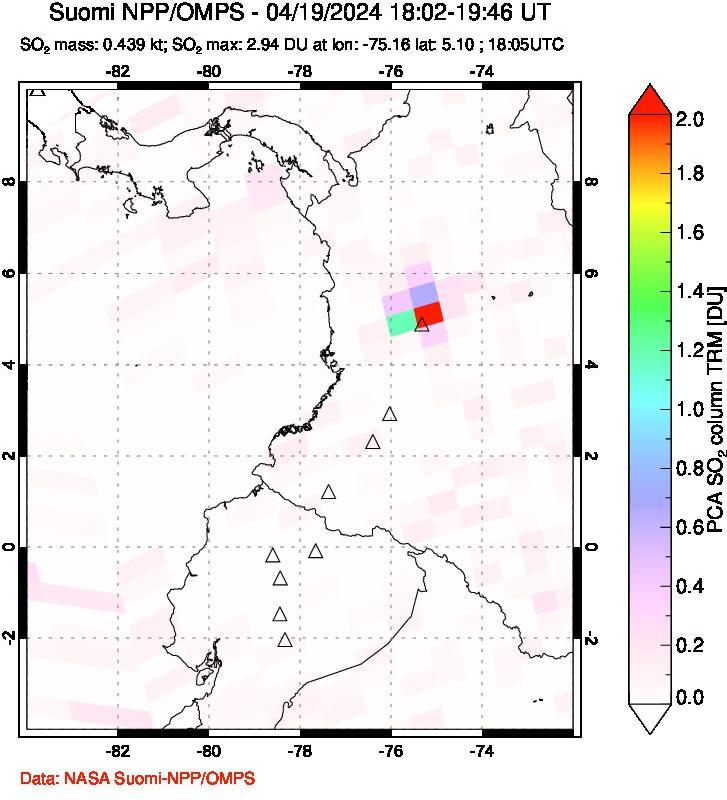 A sulfur dioxide image over Ecuador on Apr 19, 2024.