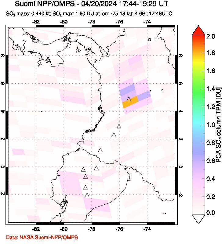 A sulfur dioxide image over Ecuador on Apr 20, 2024.