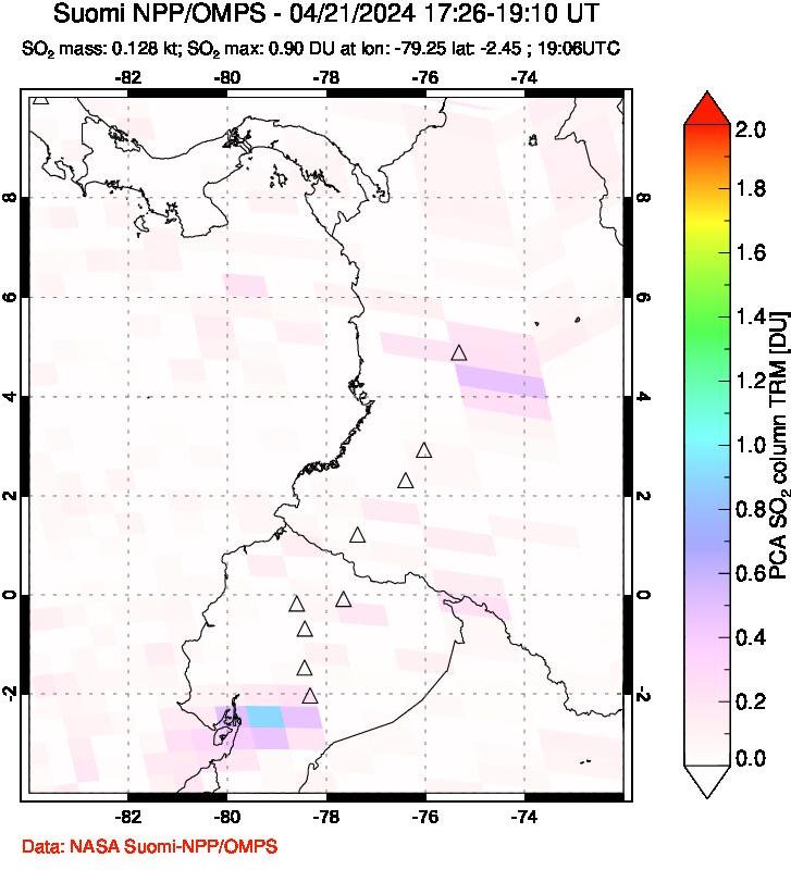 A sulfur dioxide image over Ecuador on Apr 21, 2024.