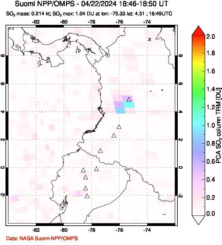 A sulfur dioxide image over Ecuador on Apr 22, 2024.