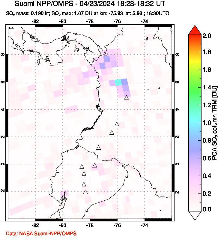 A sulfur dioxide image over Ecuador on Apr 23, 2024.