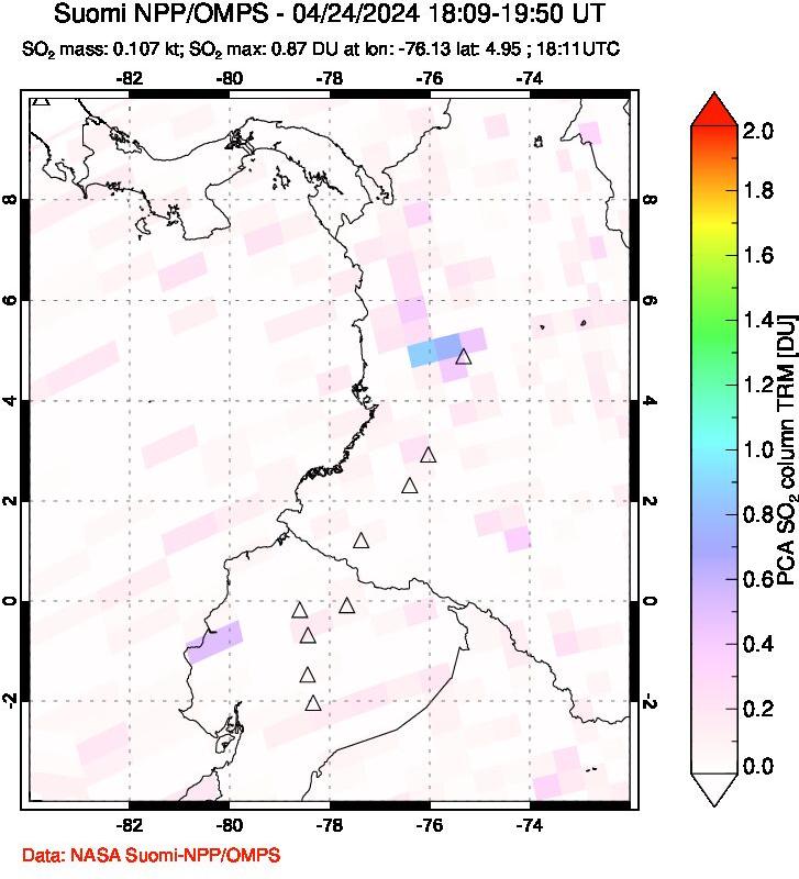 A sulfur dioxide image over Ecuador on Apr 24, 2024.