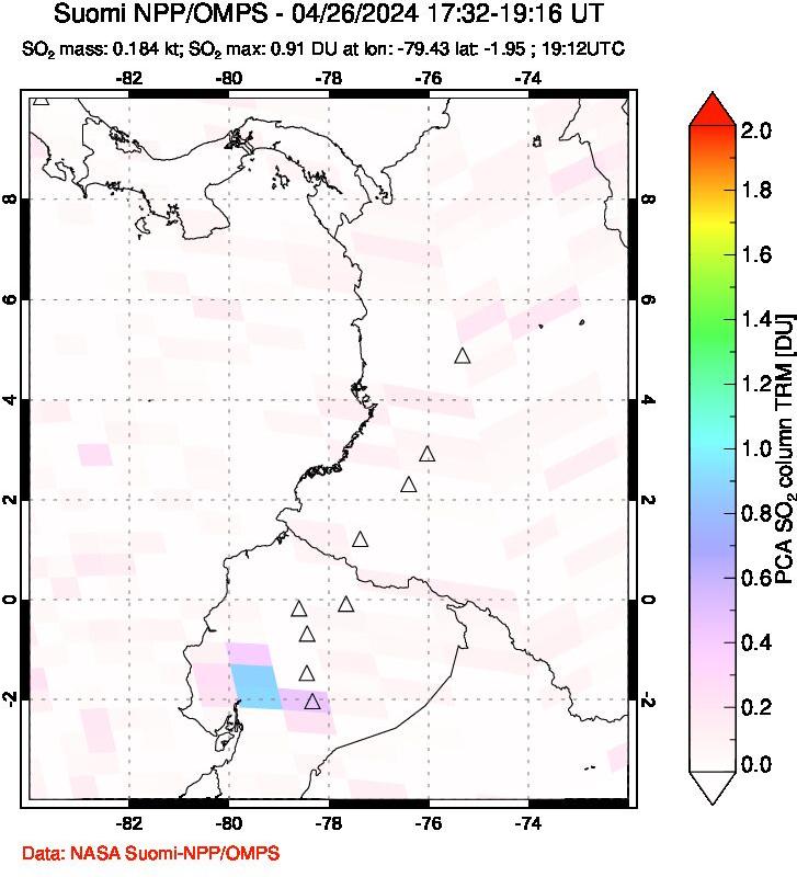 A sulfur dioxide image over Ecuador on Apr 26, 2024.