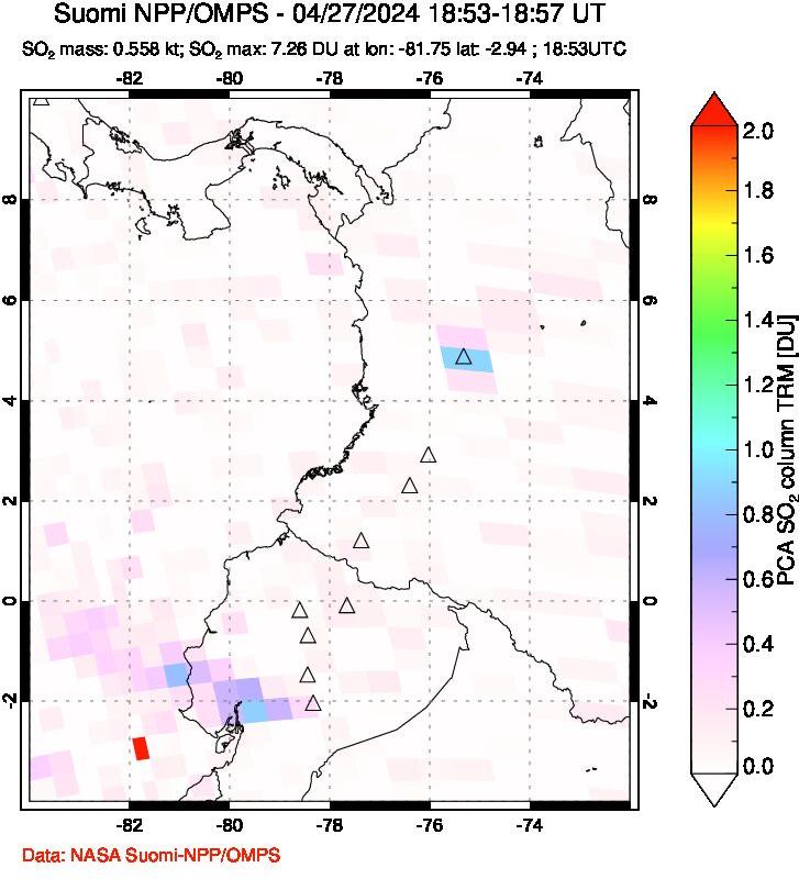 A sulfur dioxide image over Ecuador on Apr 27, 2024.