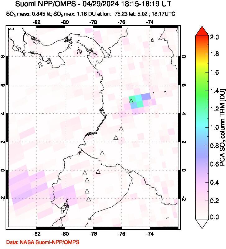 A sulfur dioxide image over Ecuador on Apr 29, 2024.