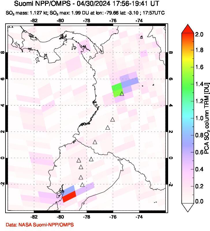 A sulfur dioxide image over Ecuador on Apr 30, 2024.