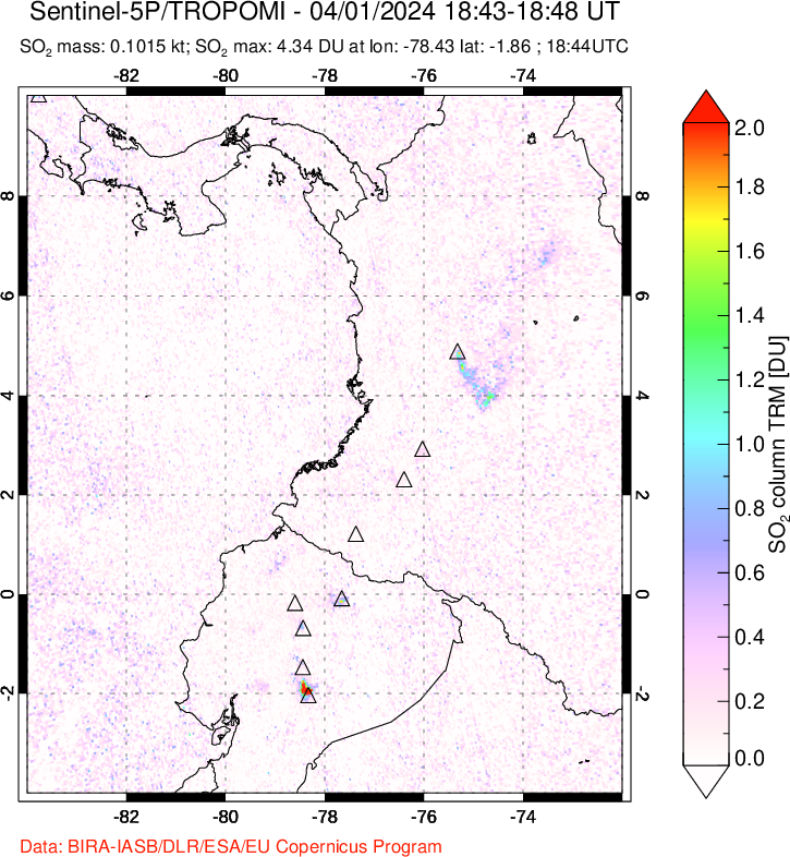 A sulfur dioxide image over Ecuador on Apr 01, 2024.