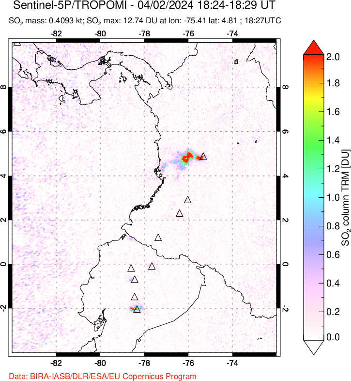 A sulfur dioxide image over Ecuador on Apr 02, 2024.