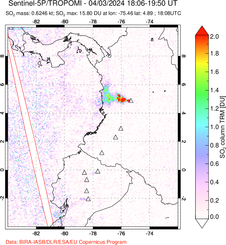 A sulfur dioxide image over Ecuador on Apr 03, 2024.