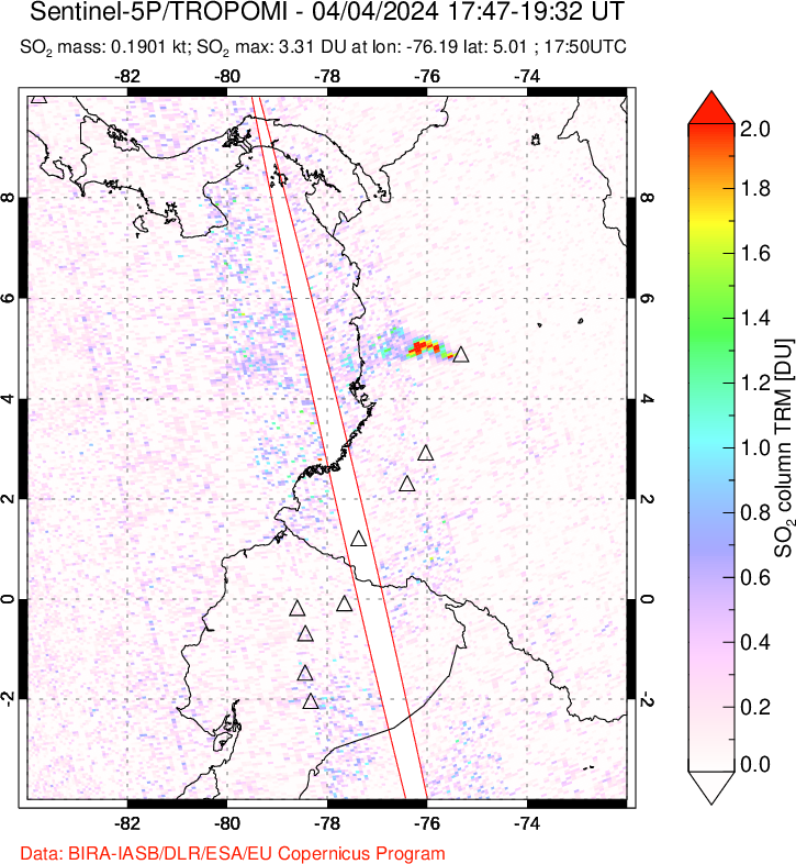 A sulfur dioxide image over Ecuador on Apr 04, 2024.