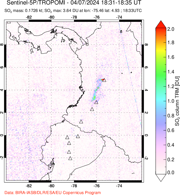 A sulfur dioxide image over Ecuador on Apr 07, 2024.