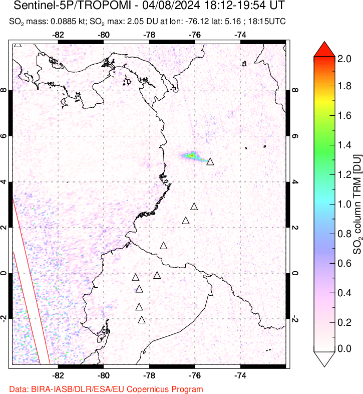 A sulfur dioxide image over Ecuador on Apr 08, 2024.