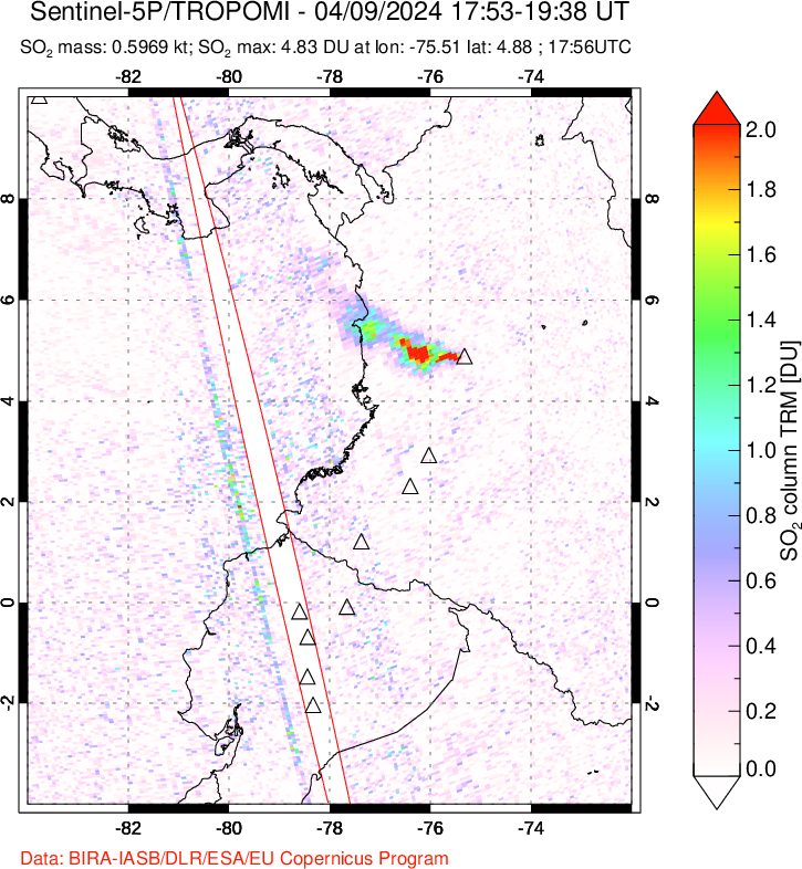 A sulfur dioxide image over Ecuador on Apr 09, 2024.