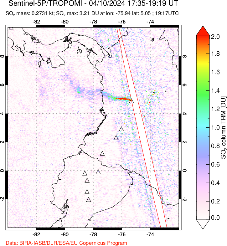 A sulfur dioxide image over Ecuador on Apr 10, 2024.