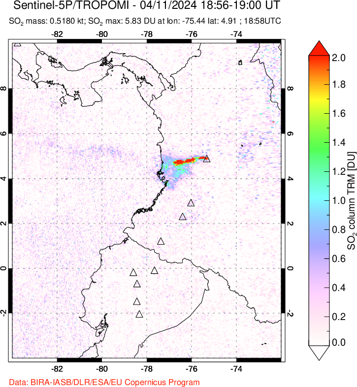 A sulfur dioxide image over Ecuador on Apr 11, 2024.