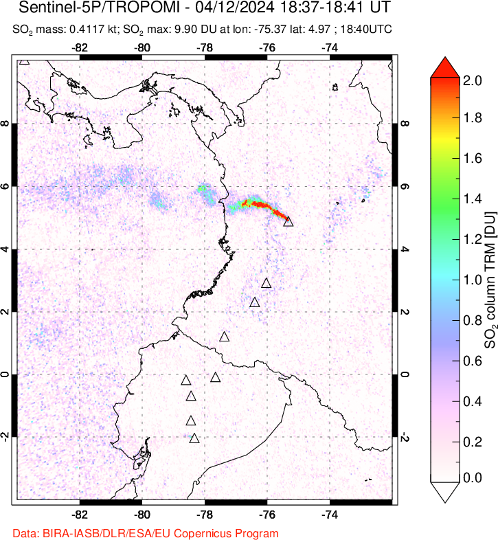 A sulfur dioxide image over Ecuador on Apr 12, 2024.