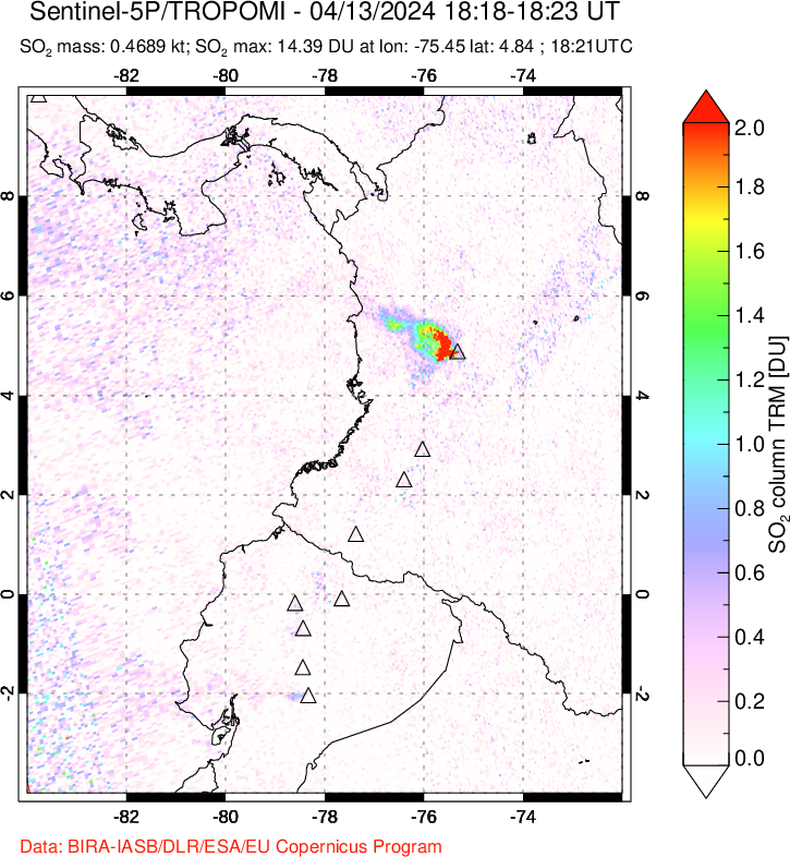 A sulfur dioxide image over Ecuador on Apr 13, 2024.