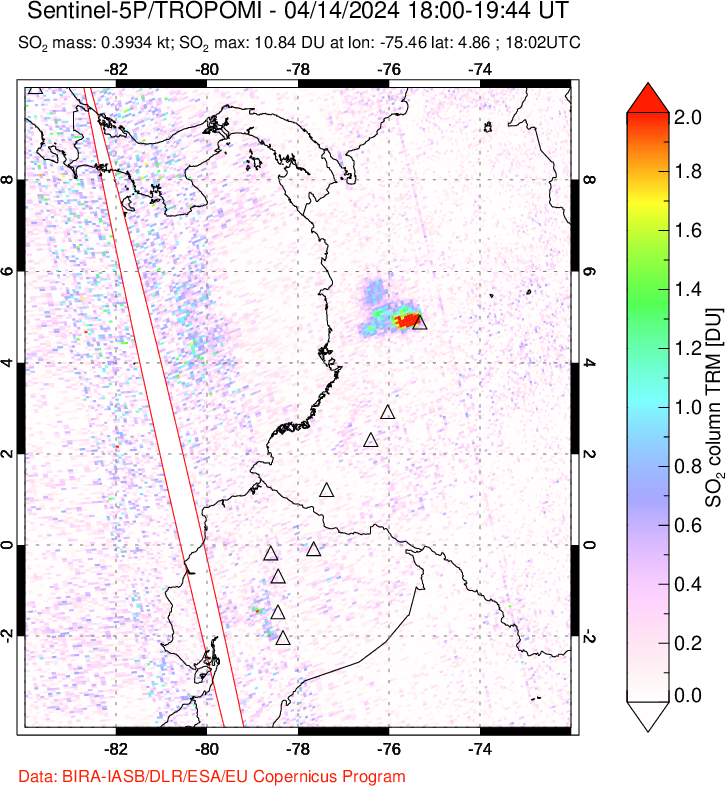 A sulfur dioxide image over Ecuador on Apr 14, 2024.