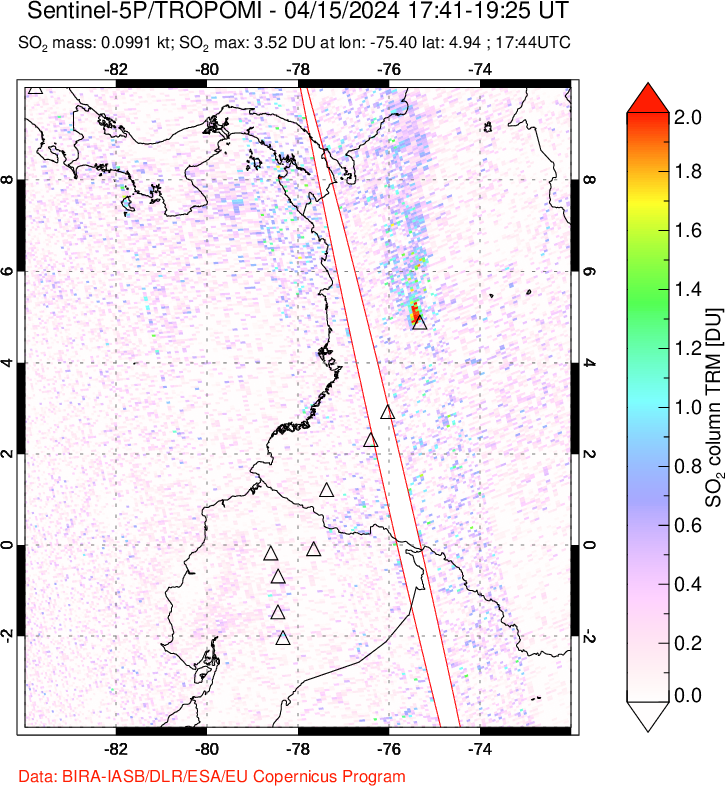 A sulfur dioxide image over Ecuador on Apr 15, 2024.