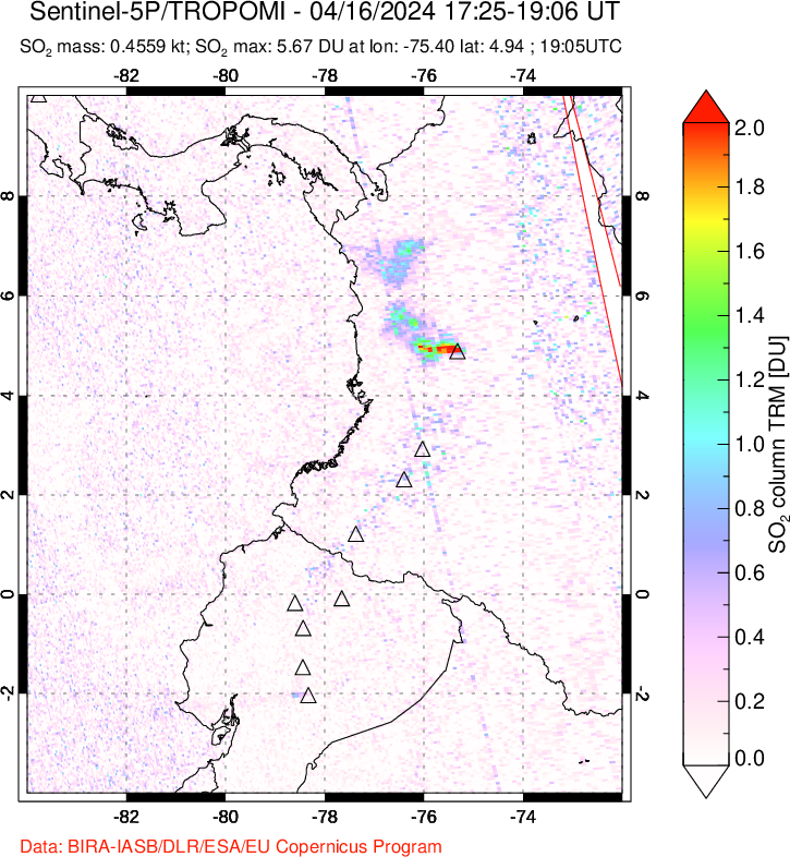 A sulfur dioxide image over Ecuador on Apr 16, 2024.