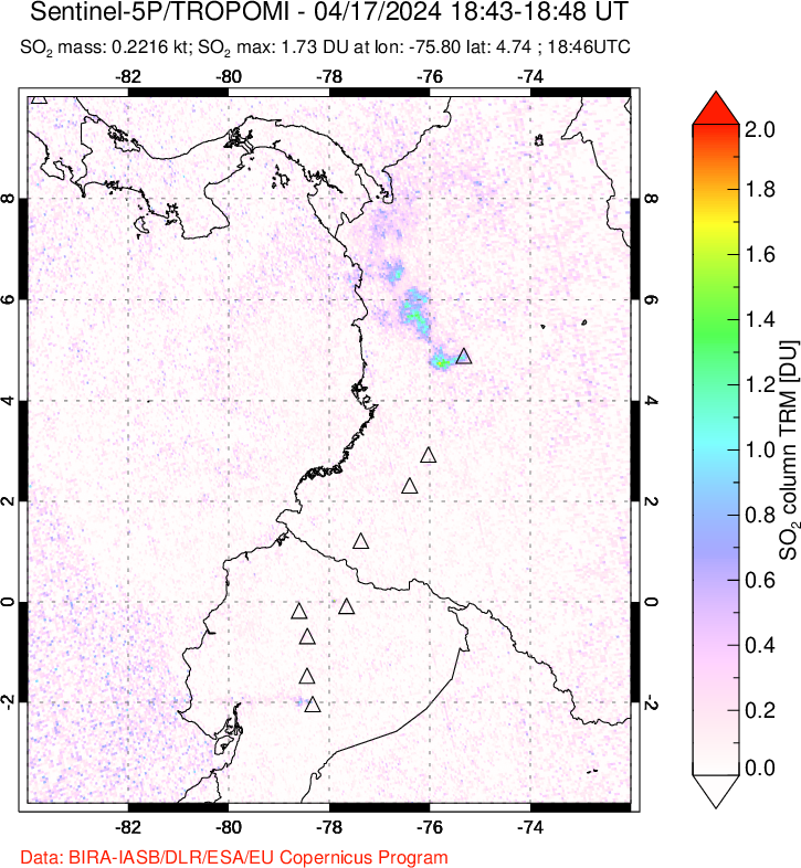 A sulfur dioxide image over Ecuador on Apr 17, 2024.