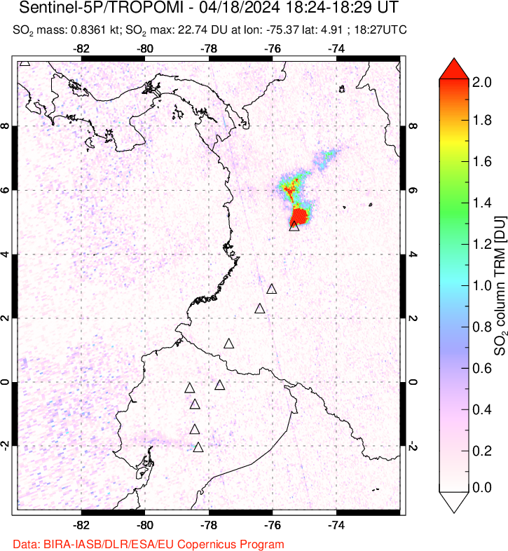 A sulfur dioxide image over Ecuador on Apr 18, 2024.