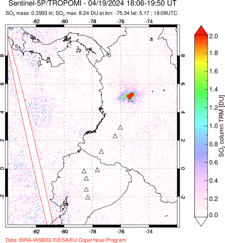 A sulfur dioxide image over Ecuador on Apr 19, 2024.