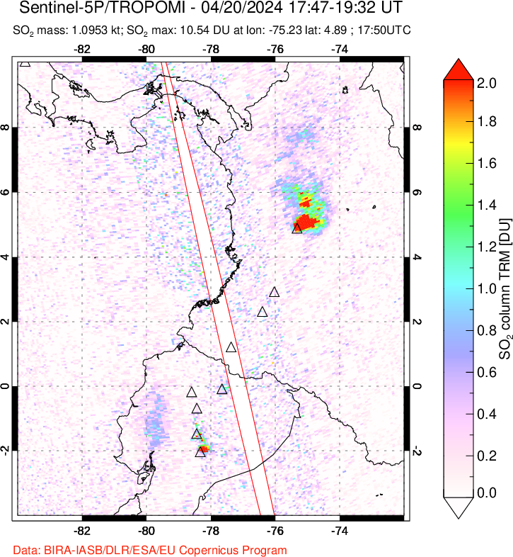 A sulfur dioxide image over Ecuador on Apr 20, 2024.