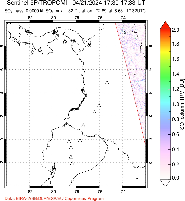 A sulfur dioxide image over Ecuador on Apr 21, 2024.