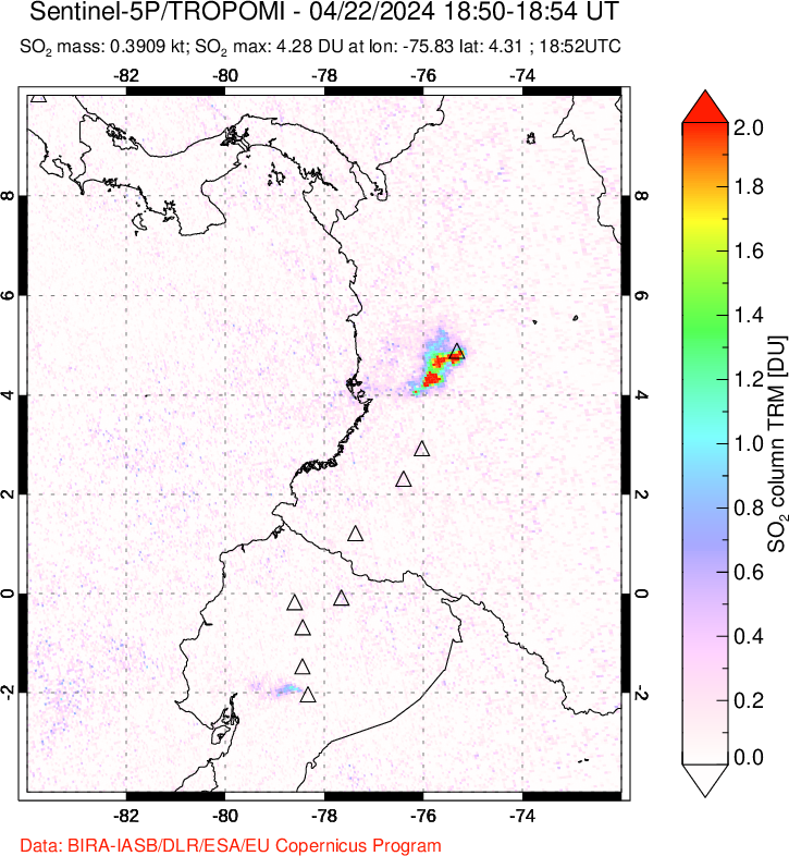 A sulfur dioxide image over Ecuador on Apr 22, 2024.