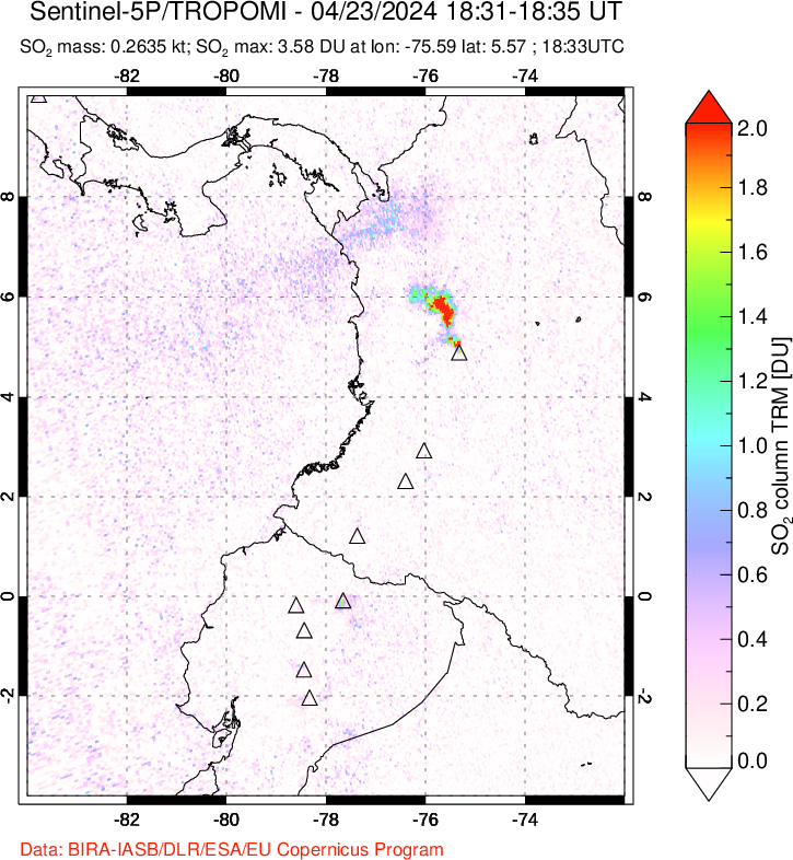 A sulfur dioxide image over Ecuador on Apr 23, 2024.