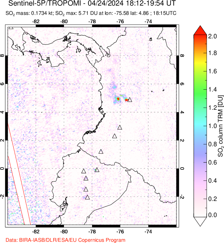 A sulfur dioxide image over Ecuador on Apr 24, 2024.