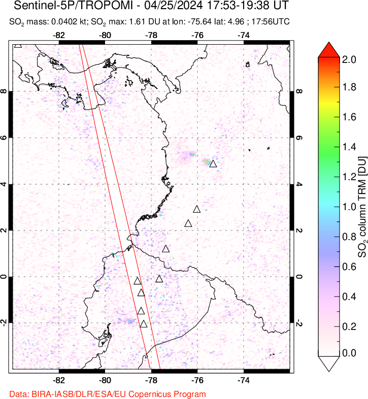 A sulfur dioxide image over Ecuador on Apr 25, 2024.