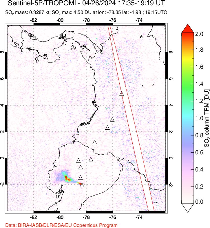 A sulfur dioxide image over Ecuador on Apr 26, 2024.